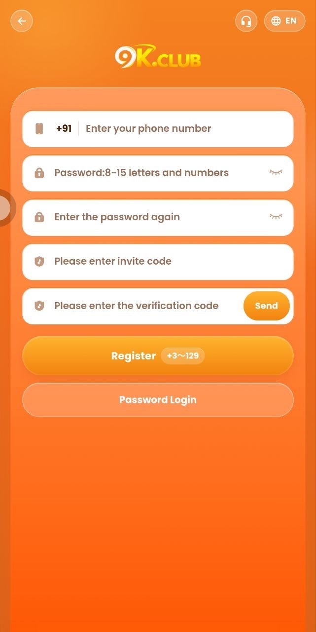 9K Club Register Screen